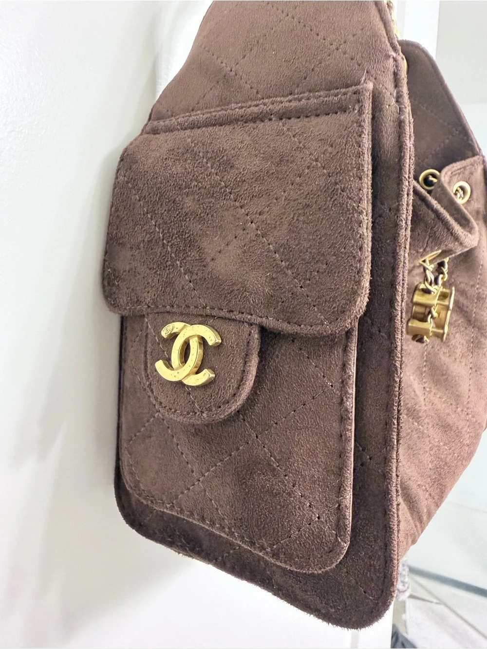 Brown Quilted Faux Suede Handbag